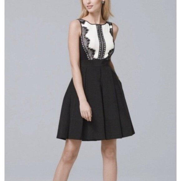 WHBM Dress 12 Ivory Black Tuxedo Lace A Line Sleeveless Pockets Party Wedding - Picture 13 of 16